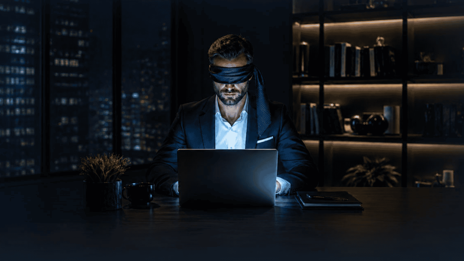 Managing director blindfolded at a laptop, representing price risk without transparency
