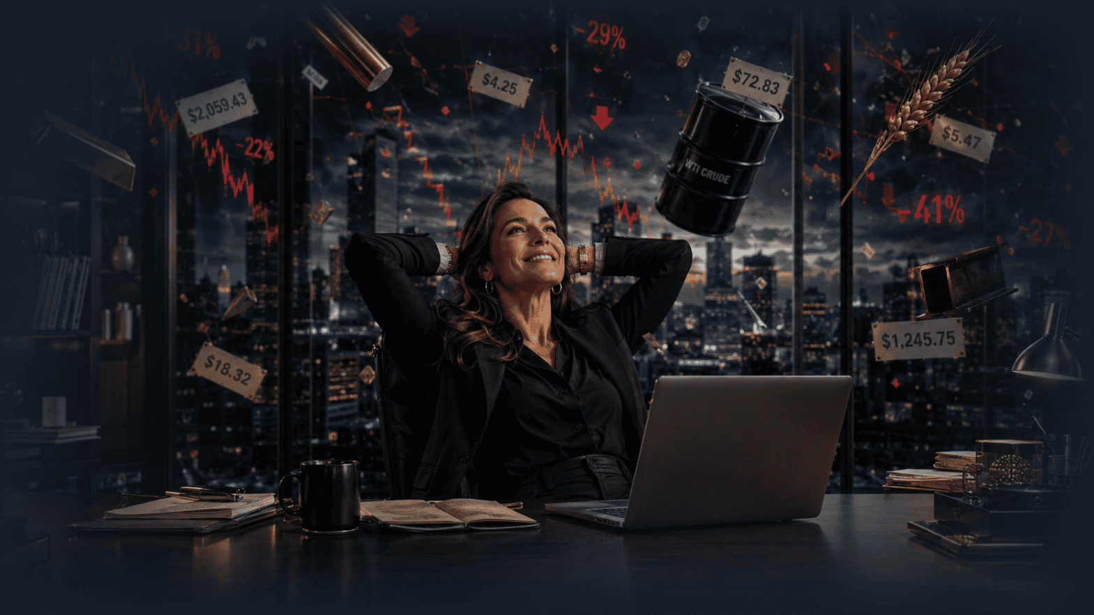 Relaxed managing director in front of falling commodity quotations, representing hedged price risk