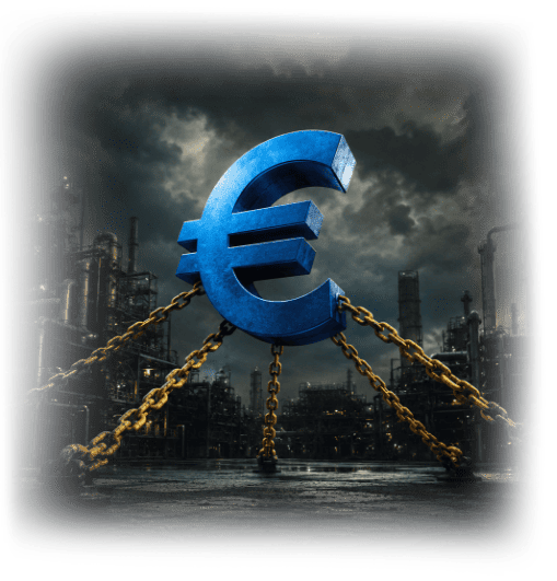 Euro symbol in chains in front of an industrial plant, representing capital tied up by price risk