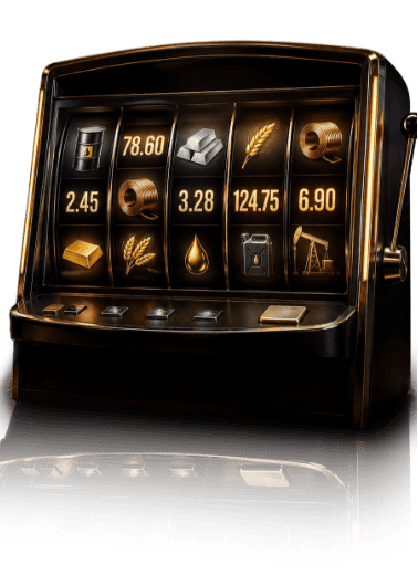 Slot machine showing commodity symbols, representing unpredictable price development without hedging